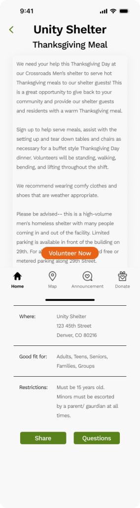 Page with example volunteer event